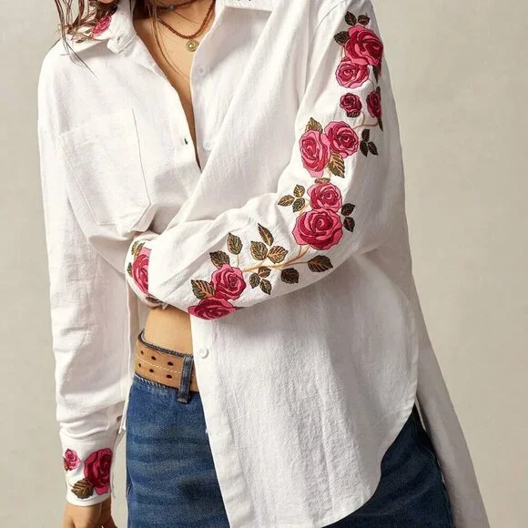 White Casual Women's Boho Woven Relaxed Asymmetrical Hem Long Sleeve Shirt - Picture 2 of 7